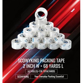 Scowyking Heavy Duty Packing Tape 2 Rolls, Total 136Y, Clear, 2.7 mil, 2 inch x 68 Yards,Ultra Strong,Packaging Tape Refills for Shipping Moving Sealing Bulk