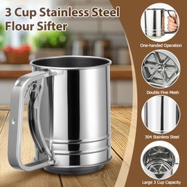 Flour Sifter, Sifter for Baking with Flour and Powdered Sugar Shaker Duster Set, 3 Cup 3 in 1 Stainless Steel Double Layer Fine Mesh Sifter for Cakes, Pastries, Pies, Cupcakes and Desserts
