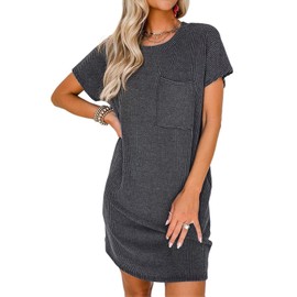 Acelitt Women Casual Summer Dress 2025 Fashion Crewneck Short Sleeve Trendy Loose Vacation Beach Ribbed Tunic Shift Tshirt Mini Dresses Black XL