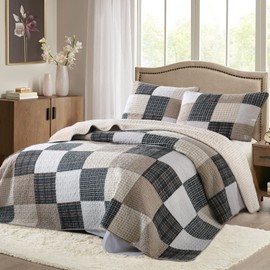 PERHOM Cotton Quilt Queen Size - 100% Cotton Summer Lightweight Bedspread, Brown Real-Patchwork Plaid Queen Quilt Bedding Set, All Season Breathable Coverlet/Comforter Set for Queen Bed, 3-Pieces