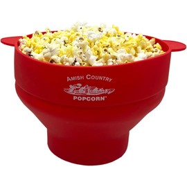 Amish Country Popcorn | Collapsible Silicone Microwave Popper with Customized ACP Logo | BPA and PVC Free Popcorn Bowl with Handles | Dishwasher Safe | Includes 2-2 oz Bags of Kernels (Red)
