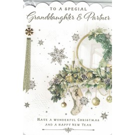 Granddaughter and Partner Christmas Card, Traditional Xmas Design, Gold Ribbon, 25.4 x 17.8 cm