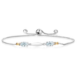Gem Stone King 925 Sterling Silver and 10K Yellow Gold Oval Sky Blue Aquamarine and White Lab Grown Diamond Tennis Bracelet For Women (1.04 Cttw, Gemstone Birthstone, Fully Adjustable Up to 9 Inch)