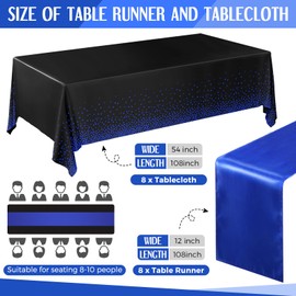16 Pack Black and Blue Tablecloths and Satin Runners Set