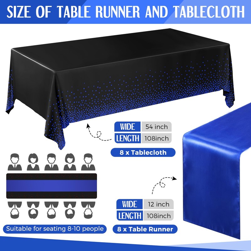 16 Pack Black and Blue Tablecloths and Satin Runners Set
