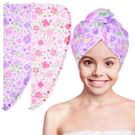 Basumee Microfiber Hair Towel Wrap for Kids 2 Pack Rapid Drying Hair Towel with Button Hair Turbans for Wet Hair Wraps Head Towel Wrap for Women and Girls