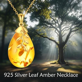POPLYKE Amber Leaf Necklaces for Women 925 Sterling Silver Amber Jewelry Gifts for Her 18+2 IN