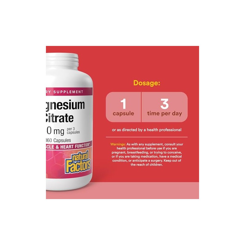 Natural Factors Magnesium Citrate Supports Muscle Heart Function 360 Capsules