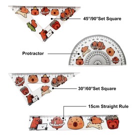 Capybara Ruler Set of 4 - Geometry Set with Straight Triangular Protractor Geometry Tool Mathematics, Robust Drawing Set for School Office Children, Cute Cartoon Motif, Practical and Durable