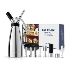 Whipped Cream Dispenser Stainless Steel Keep Warm and Cold,500mL/1 Pint Double Wall Thermos Whipped Cream Maker,5 Various Stainless Decorating Nozzles,1 Cleaning Brush,N2O Chargers NOT Included