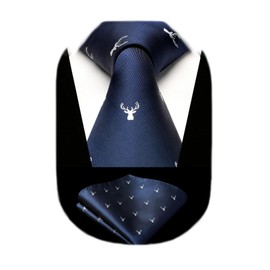 HISDERN Elk Tie for Men Navy Blue Ties Handkerchief Novelty Animal Pattern Wedding Necktie & Pocket Square Set