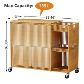 WOWLIVE Double Laundry Hamper with Wheels, Handwoven 2-Section Laundry Basket with Lid, Shelves, Rolling Clothes Hamper with Removable Liner Bag, 135L Large Laundry Room Organization, Natural