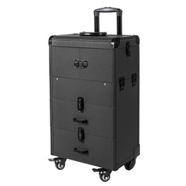 LyeXD Rolling Makeup Train Case,Lockable Portable Cosmetic Organizer Trolley Makeup Rolling Case w/2 Drawer&Keys, Large Makeup Cosmetic Storage Case on Wheels for Makeup Artists (Black)