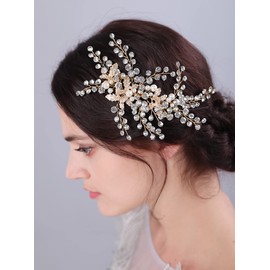 JWICOS Bride Wedding Hair Vine Gold Rhinestone Pearl Wedding Headband Headpiece Wedding Hair Accessories for Brides Women