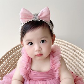 Rannyrena Lace Crown Hair Bow for Baby Girls Soft Tulle Elastic Headband Baby Shower Birthday Party Crown Hair Accessories for Newborn Infant Toddlers (Pink A, Adjustable)