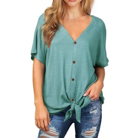 IWOLLENCE Womens Waffle Knit Tunic Blouse Tie Knot Short Sleeve Henley Tops Loose Fitting Bat Wing Shirts Blue Green, 2XL