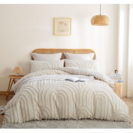 Lanqinglv Beige Bed Linen 200 x 200 cm Boho Tufted Exquisite Handmade Embroidery Geometric Chic Tufted Vintage Duvet Cover Double Bed with Zip and 2 Pillowcases 80 x 80 cm