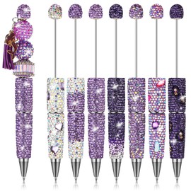 Sayglossy 7 Pcs Glitter Beadable Pens Full Rhinestone Fancy Ballpoint Pens Assorted for Beads DIY Diamond Beaded Pen Kit Cute Journalling Ballpoint Fun Bling for DIY Craft Making (Purple)