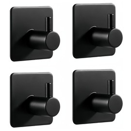 Stainless Steel Adhesive Hooks, Heavy Duty Towel Hooks for Hanging Coat Robe Hat, Rustproof, No-Drill Installation, Ideal for Kitchen, Bathroom, and Entryway (Black, 4 Pack)