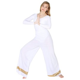 Danzcue - Pantalón Palazzo para mujer, blanco-dorado, 2X-3X