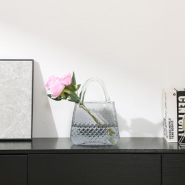 PORPAN Purse Vase, Glass Bag Vase, Glass Purse Vase for Flowers, Black Glass Vase, 12 Inch Large Glass Flower Vase with Embossed Pattern for Wedding, Living Room, Bedroom, Table, Office(Round)