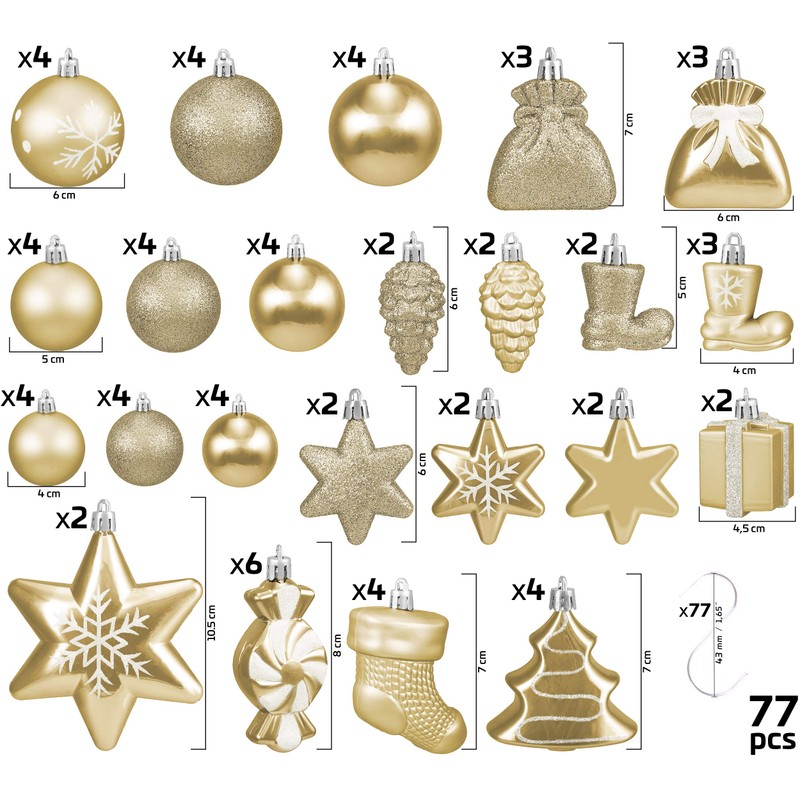 Brubaker 77-piece set Christmas tree decorations with baubles, stars, boots,