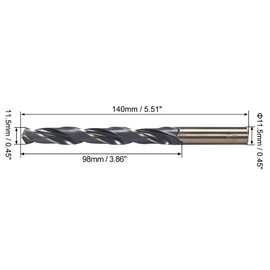 sourcing map Straight Shank Twist Drill Bits 11.5mm Gold Titanium & Black Nitride Coated High Speed Steel (HSS) 4341 with 11.5mm Shank for Stainless Steel Alloy Metal Plastic Wood