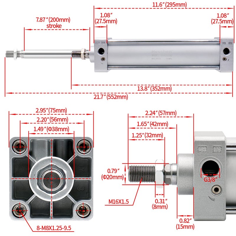 Heschen Pneumatic Standard Air Cylinder, SC 63-200, PT3/8'' Port, 63mm