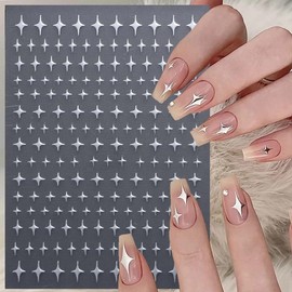 6 Sheets Gold Glossychic Stars Nail Stickers 3D Glitter Sliver Black White Starshine Cross Star Nail Art Designs Self-Adhesive Nail Art Supplies for Women Acrylic Nails Decorations Accessories