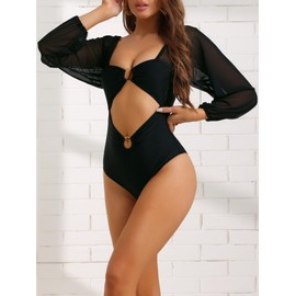Elerevyo Women's Cut Out Ring Plunge Neck Shirred Bikini, One Piece Long Sleeves Mesh Tummy Control Swimsuit Bathing Suit Large Black