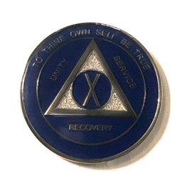 10 Year AA Medallion - Alcoholics Anonymous Blue & Silver Glitter Bling Sobriety Chip,Token, Coin