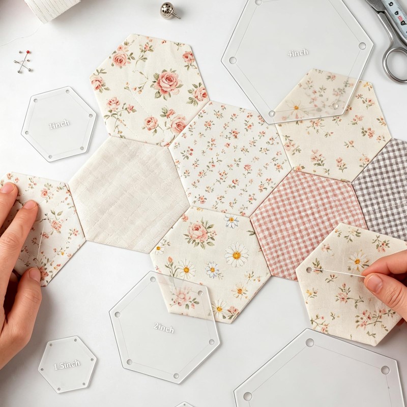 6 Pieces Hexagon Quilting Templates Set (1In,1.5In,2In,3In,4In,5In) with 1/4" Seam