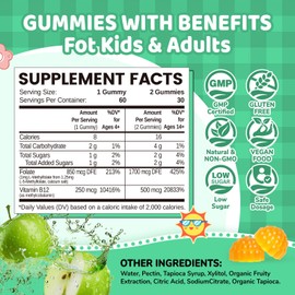 L Methylfolate Gummies, 5-MTHF 1mg Gummies for Kids & Adults - 4+, Methyl Folate and B12 supplement, Highly Absorbable MTHFR Supplement, Support Brain Health, Immunity, Kids Growth, 60 Count