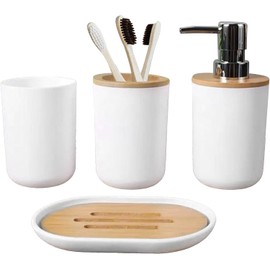 Set 4 Accesorios de Baño Juego Organizador Bambú Elegante Kit Práctico Dispensador de Jabón Jabonera Vaso Multiusos Porta Cepillos Dentales (Blanco)