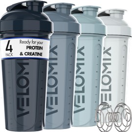VELOMIX -4 PACK- 28 oz Shaker Cups for Protein Shakes - 4x Wire Whisk | Leak Proof Protein Shaker Bottles for Protein Mixes | Protein Shaker Bottle Pack | Mixer for Protein Shakes