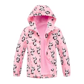 LUCKYLUAN Girls Rain Jacket Windproof Raincoat Hooded Fleece Lined Outerwear 6-7 Years Pink Panda