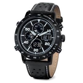 PINDOWS Watches for Men, Men Military Digital Analog Casual Dual Time Leather Wristwatch Multifunctional Fashion Watch with LED Backlight Alarm Stopwatch Calendar