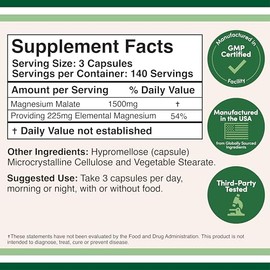 Double Wood Supplements - Cápsulas de malato de magnesio (420 unidades) - 1.500 mg por porción (magnesio unido al ácido málico), probadas por terceros