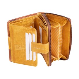 MIKA 42183 Women's Genuine Leather Wallet Portrait Format Wallet with 9 Card Slots, 4 Slip Pockets, 2 Note Compartments and Coin Compartments, Brown / Yellow, Approx. 13 x 9.5 x 3.5 cm, Brown -