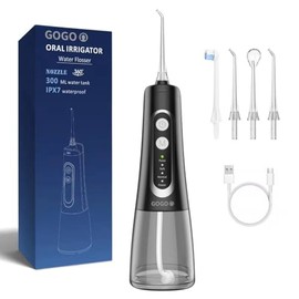 GoGo Water Dental Flosser Oral irrigator, GoGo 300ml Rechargeable Water flosser for Teeth IPX7 Waterproof 4 Modes Portable Oral Irrigator with 4 Jet Tips, Travel Home use (Black)