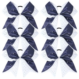 6PCS Glitter Cheer Bow Large Cheer Bows Rhinestones Hair Bows Girls 8"Cheerleading Bows Bulk Elastic Band Ponytail Holder for Teen Girls College Sports Competition Navy Blue White