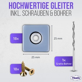 Filzada® 18 x Teflon Glides for Screwing – 25 x 25 mm (Square) – Furniture Glides / Carpet Glides PTFE (Teflon) with Screws