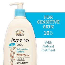 Aveeno Baby Loción corporal hidratante diaria para pieles sensibles, loción hidratante hipoalergénica para bebés con avena nutritiva para hidratar profundamente la piel del bebé, sin fragancia, 18