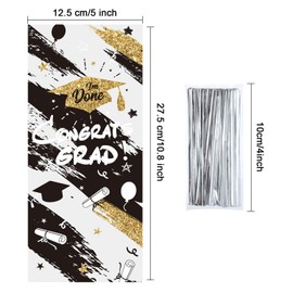 100 Pieces Graduation Cellophane Treat Bags, Congrats Graduates Candy Present Bags Plastic Clear Goodie Wrapping Bags with 100 Silver Twist Ties for Graduation Day (Black)