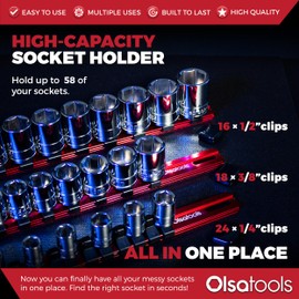 Olsa Tools Aluminum Socket Organizer, 3pc Set - Red Socket Holder Kit 1/2-Inch, 3/8-Inch, and 1/4-Inch Drive - Holds 58 Chrome or Impact Sockets - Professional Grade Socket Rails - Part: 1009