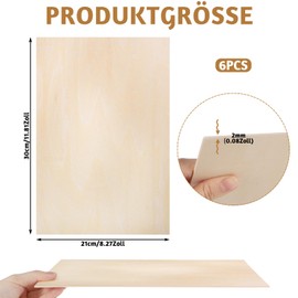 Pack of 6 2 mm Plywood Sheets A4, 30 x 21 cm Wooden Panels for Crafts, Tension Plate, Balsa Wood, Plywood for Model Making, Laser Projects, Art, Craft, Paintings