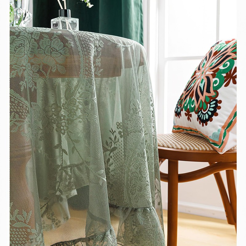Lace Tablecloth with Ruffles, Rectangular, Green Vintage Overlay Lace Tablecloth,