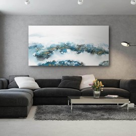 VAYIMDH Teal Blue Abstract Canvas Wall Art/Ink Painting/White With Gold Picture Wall Deocr/Contemporary Art for Living Room Bedroom Hallway Decor 29x58 Inch