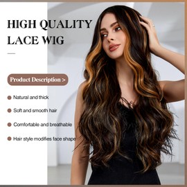 Kikone Blonde Highlights Wavy Wig for Women 28 Inch Long Body Wavy Wig with Bangs Women's Wigs Long Hair Synthetic Heat Resistant Fibre Wavy Wig for Women