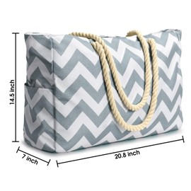 oscaurt Beach Bag Striped Tote Bag Swimming Bag Waterproof Beach Bag Large with Zip Shopper Bag Women's Beach Bag XXL Family Shopping Bag Shoulder Bag Plain Bag Travel Bag, Light Grey Wave
